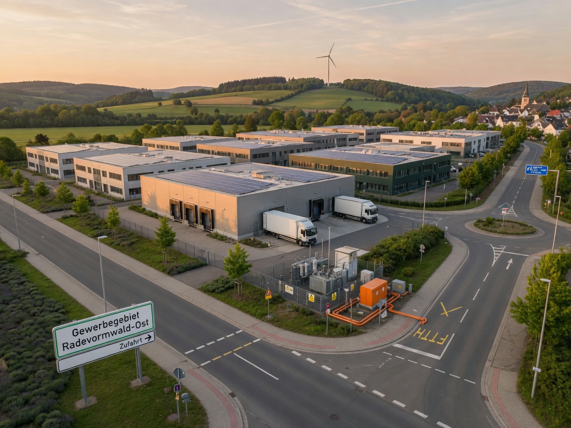 Warm, crisp aerial photo of the Radevormwald-Ost business park with modern warehouses, rooftop solar,